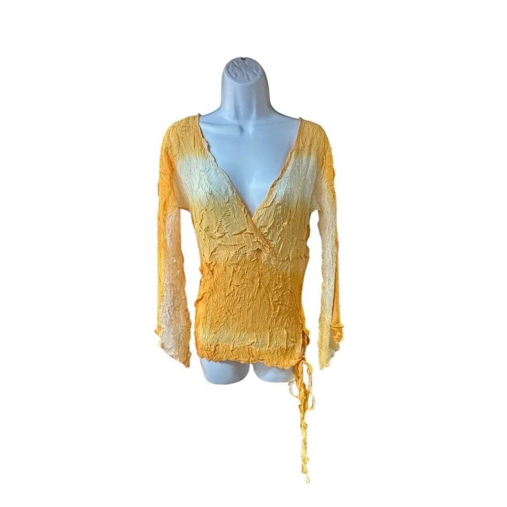 Vintage Cache Lightweight Crinkle Blouse Orange White Side Tie Cold Shoulder L